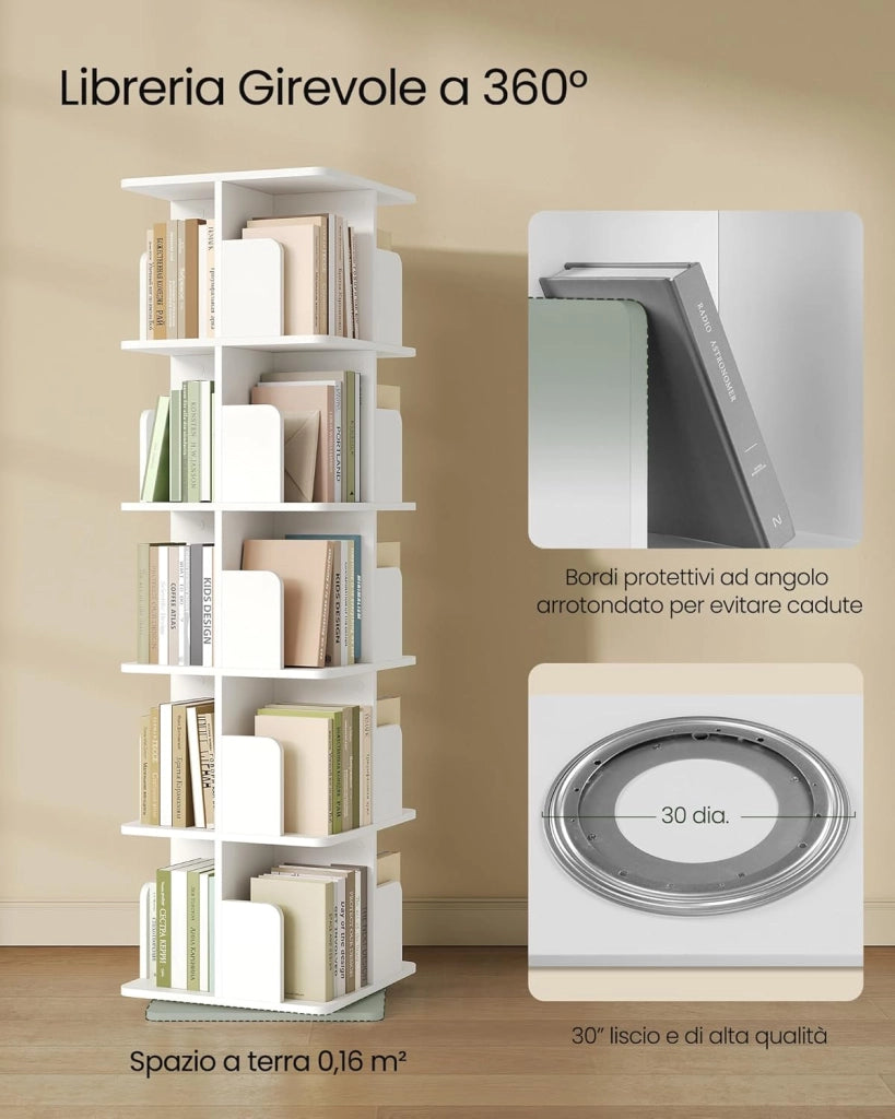 Libreria Girevole a 5 Livelli, Libreria Alta e Stretta, Scaffale d'Angolo a Pavimento, Scaffale Girevole per Libri, Rovere Chiaro
