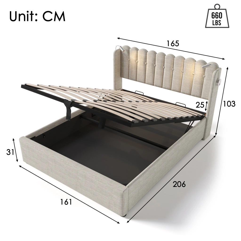 Letto Contenitore 160 x 200 cm; Letto Matrimoniale con USB; Luce da Lettura e Vano; senza Materasso; Naturale
