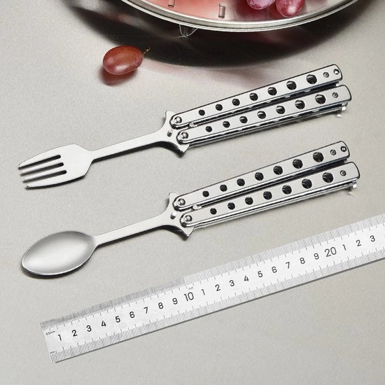 Set da forchetta e cucchiaio pieghevole, forchetta a forma di farfalla, cucchiaio da farfalla, set di bestie in acciaio inossidabile pieghevole