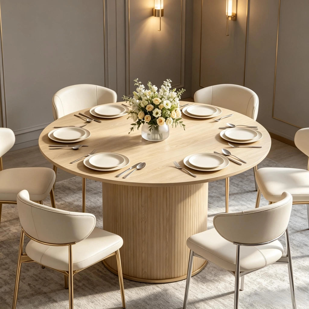 Tavolo da pranzo rotondo per 4-6 persone con base cilindrica scanalata in MDF e truciolare naturale 120 × 120 × 75 cm