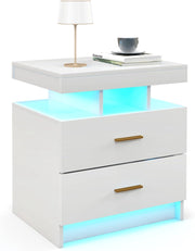 Comodino con Luci LED 50x40x58cm, Tavolino Camera da Letto Moderno con 2 Cassetti, Mobile Cameratta con Telecomando per Soggiorno e Ufficio (Bianco)