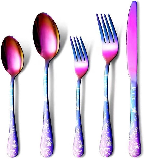 Set di utensili in acciaio inox per 4 persone - Incluso coltello, forchetta, cucchiaio - Spazzolato - Resistentente alla lavastoviglie - Camping - 20 pezzi (colori arcobaleno)