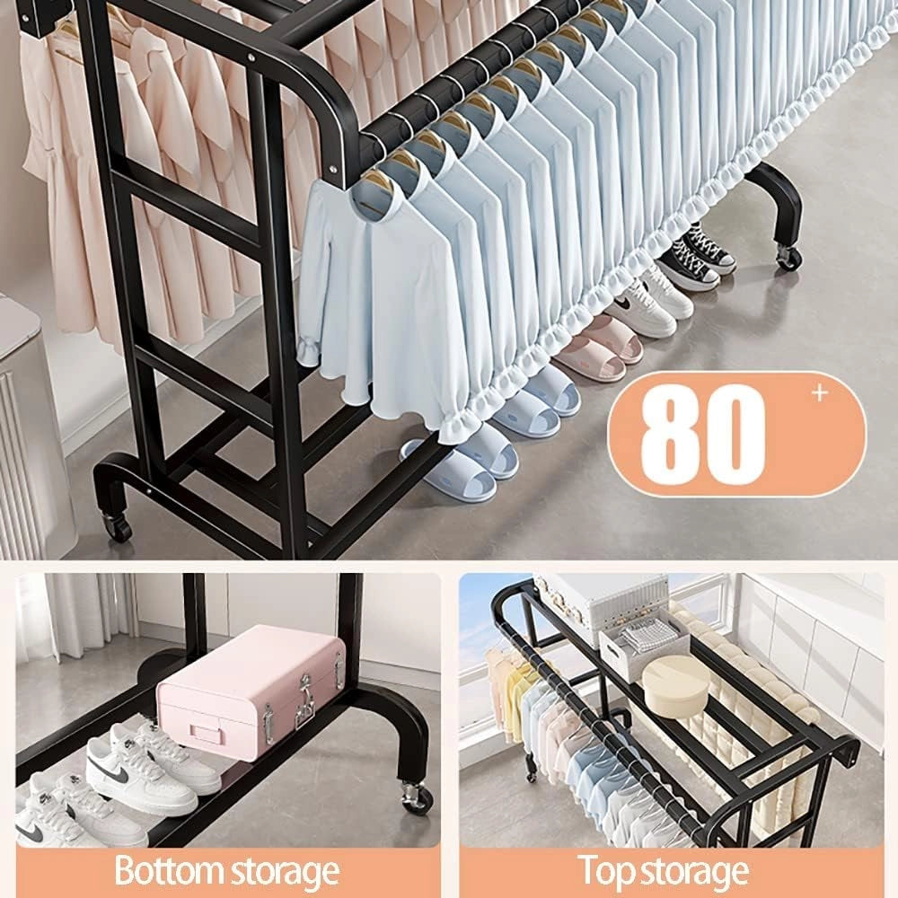 Appendiabiti su Ruote, Appendiabiti in Metallo a Doppia Barra con ripiano portaoggetti, Appendiabiti Indipendente per Camera da Letto, casa, Ufficio, Interno, capacità di carico di 100 kg