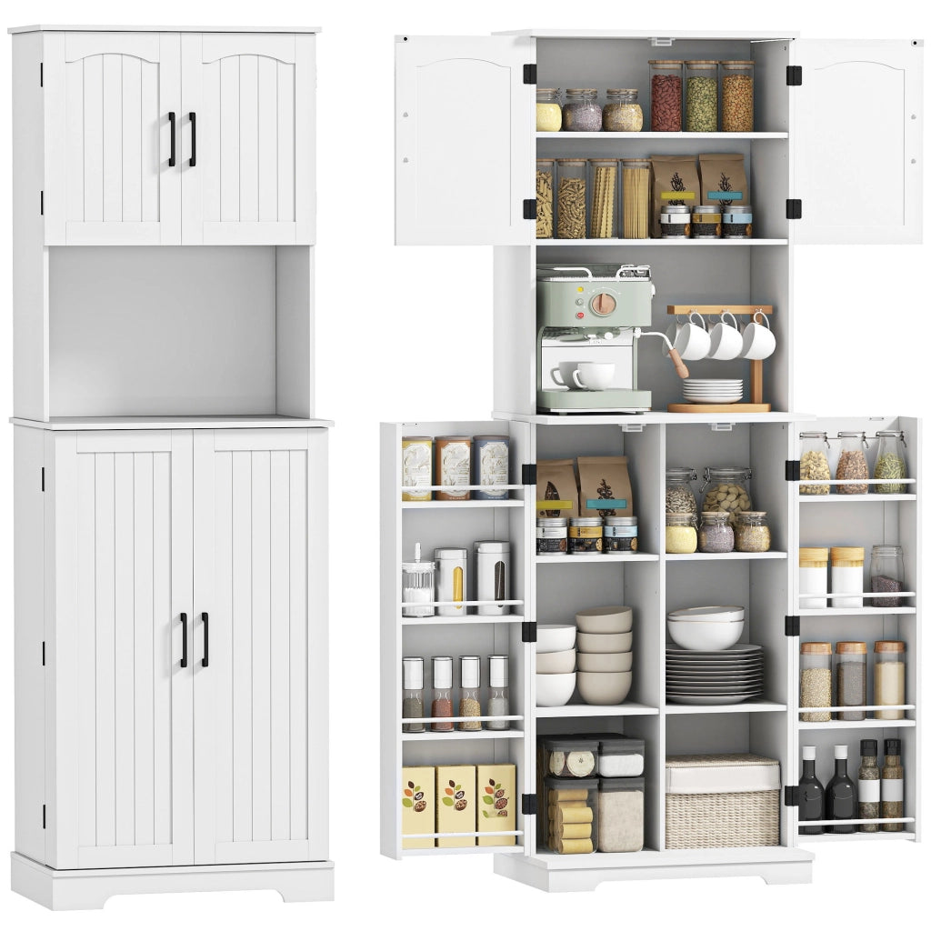 Credenza da Cucina Alta Stile Country, 2 Armadietti e 8 Portaspezie, 60x40x181.5 cm, Bianco