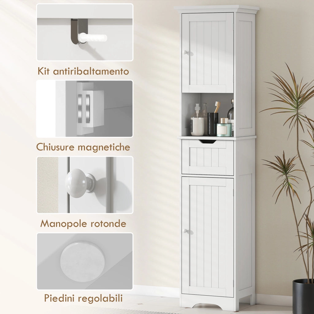 Mobile Colonna Bagno 40x30x170 cm con 2 Armadietti con Sensore Ripiano Aperto e Cassetto in Legno Bianco