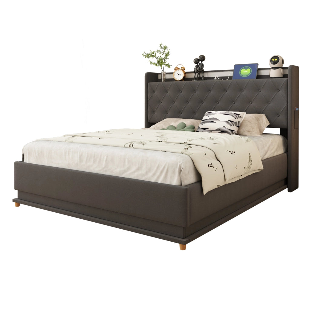 Letto imbottito LED 140x200 cm grigio con USB e contenitore