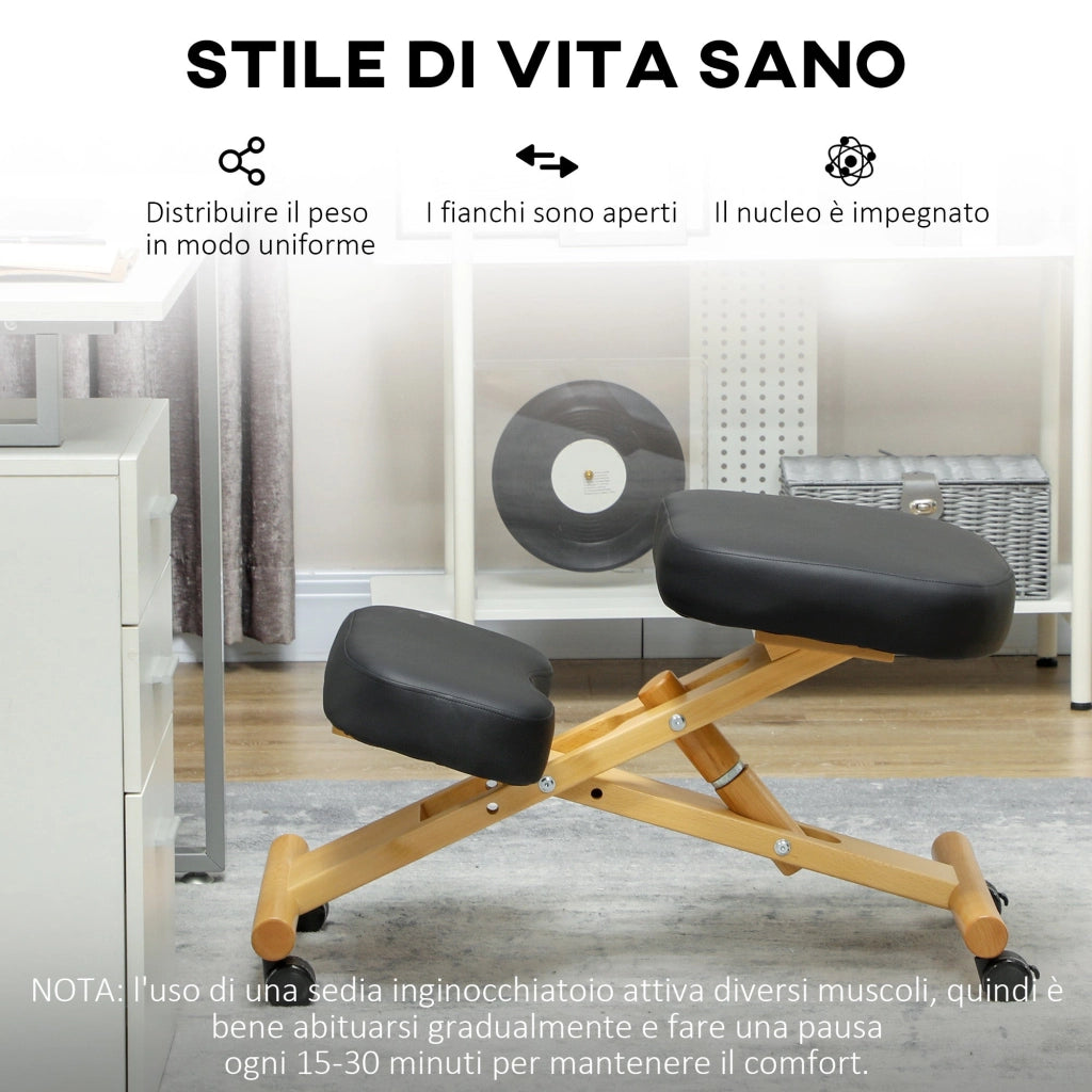 Sedia Ergonomica Posturale con Inginocchiatoio Altezza Regolabile 42x70x42-52 cm in Legno Nero