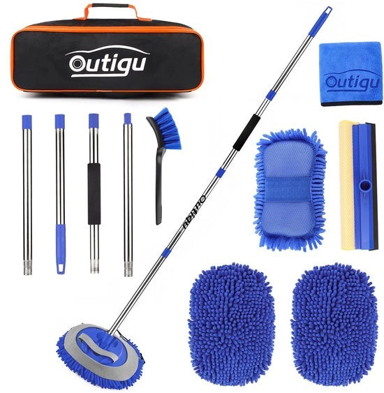 Set di spazzole per auto, 160 cm steel estensibile, spazzola a microfibra con testa di ricambio, spazzola per ruote, asciugamano e spugna (blu)