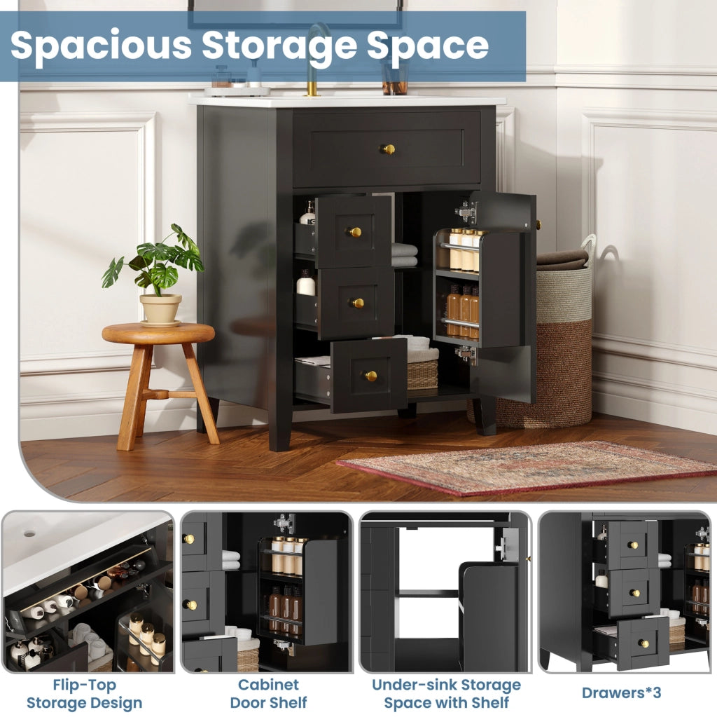 Mobile bagno con lavabo in ceramica; 61 × 47 × 86 cm; MDF nero lucido