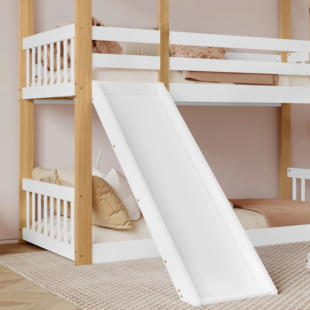 Letto a castello con scivolo e scala reversibile, bianco e naturale