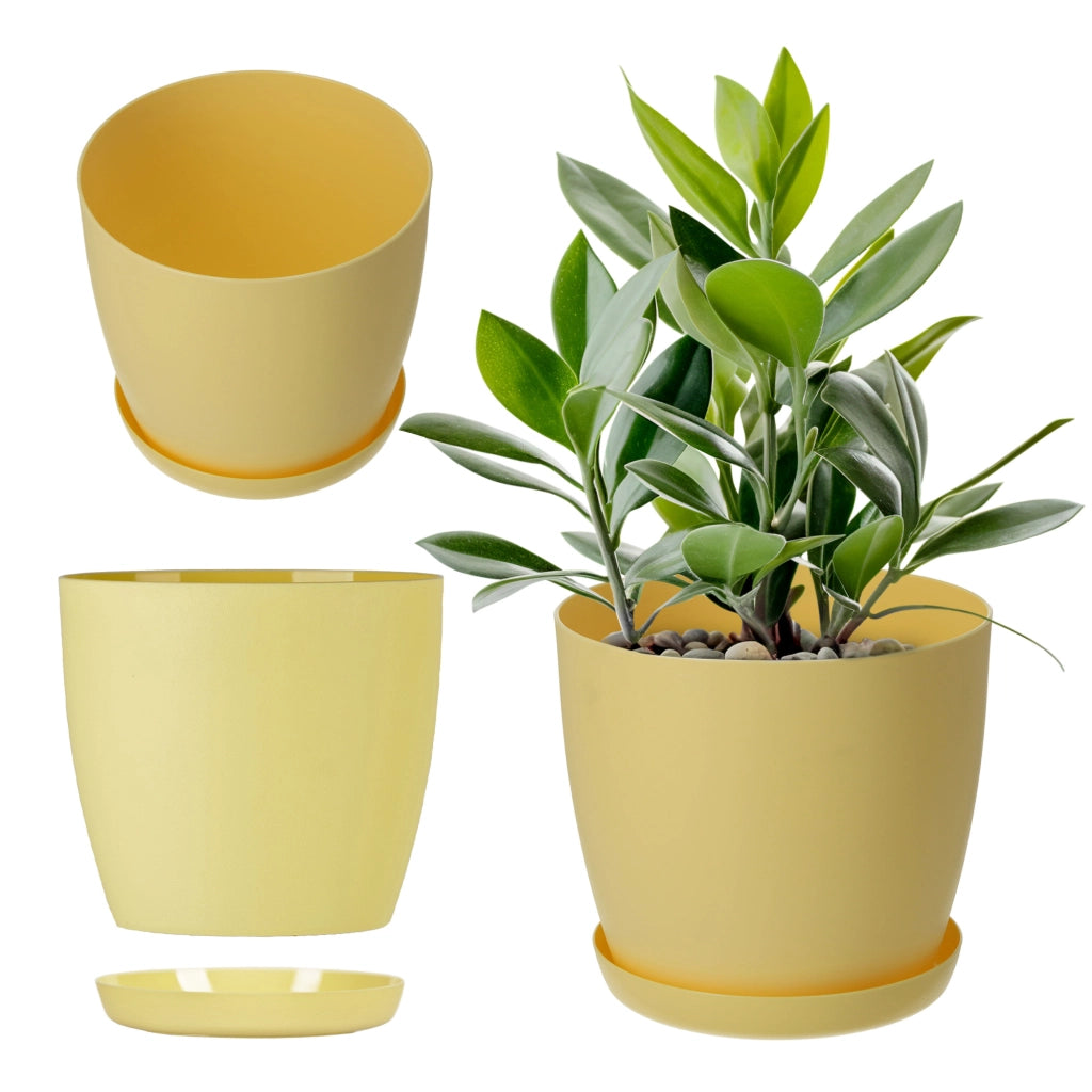 Vaso da fiori KADAX con sottovaso, vaso in plastica da 25 cm, coperchio, fiori, giallo opaco