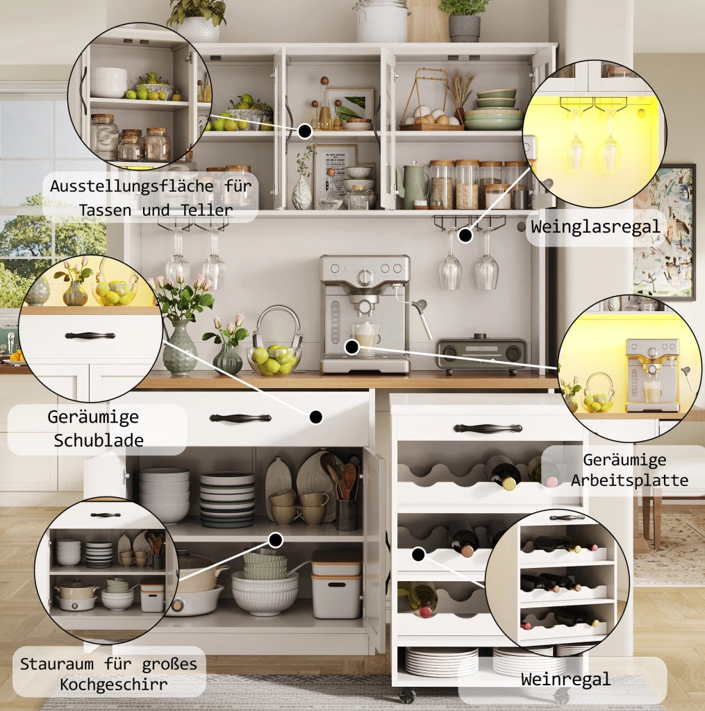 Mobile cucina 140 cm con carrello, LED e portabottiglie