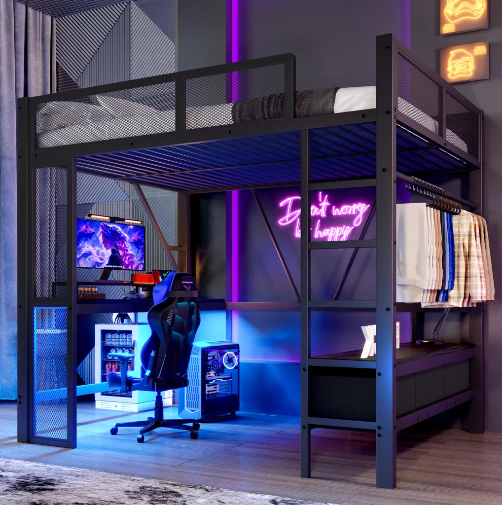 Letto a soppalco 140x200 cm con scrivania; LED e cassetti in metallo e MDF nero