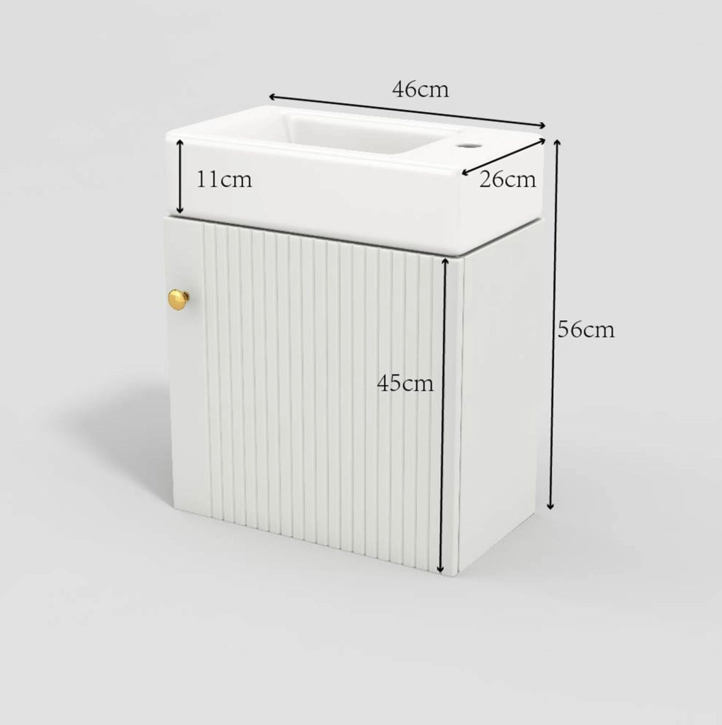Mobile bagno con lavabo in ceramica 46 cm; bianco; in MDF; per piccoli spazi