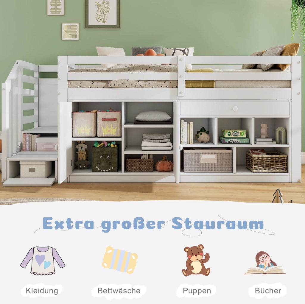 Letto per bambini multifunzione in legno 90x200 cm; con scala e contenitore; bianco