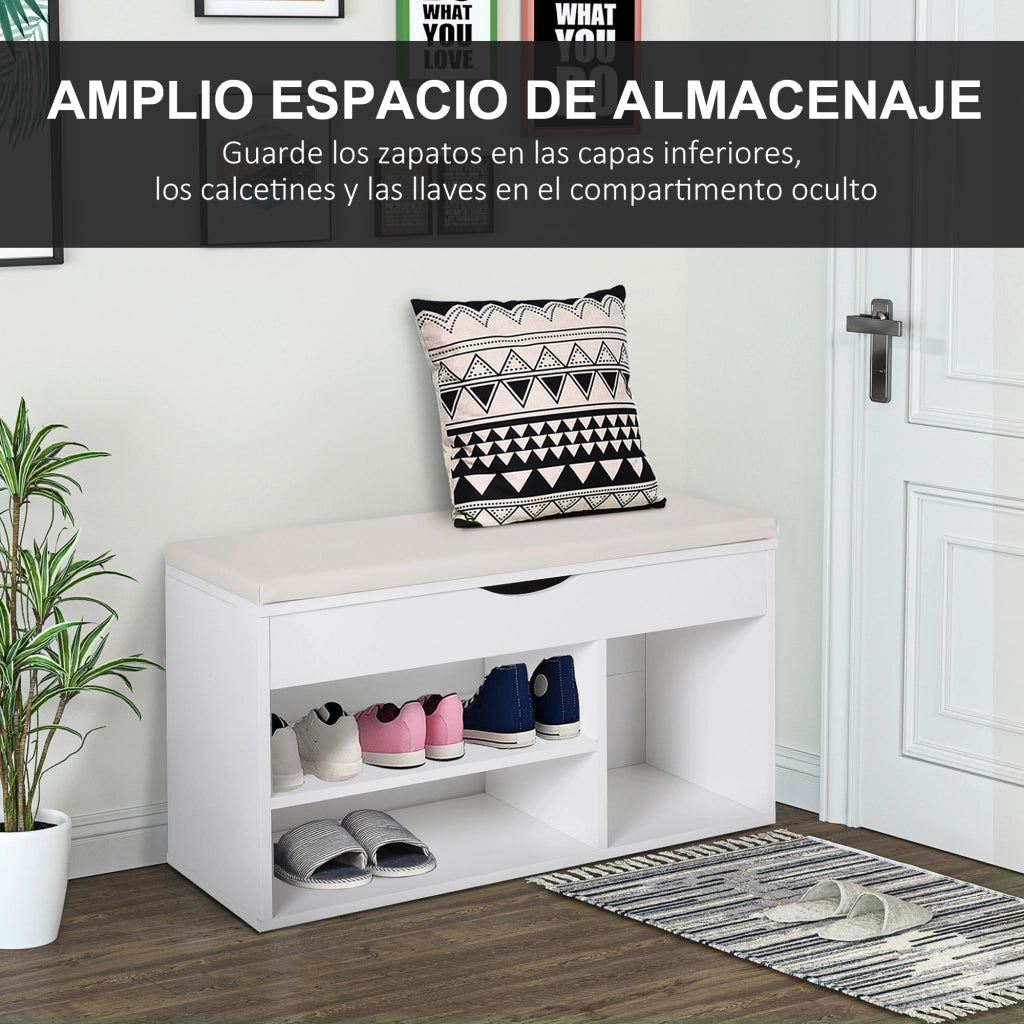 Scarpiera con panca e cassetto ¨C zephmum ¨C bianco, legno, 80x30x47 cm