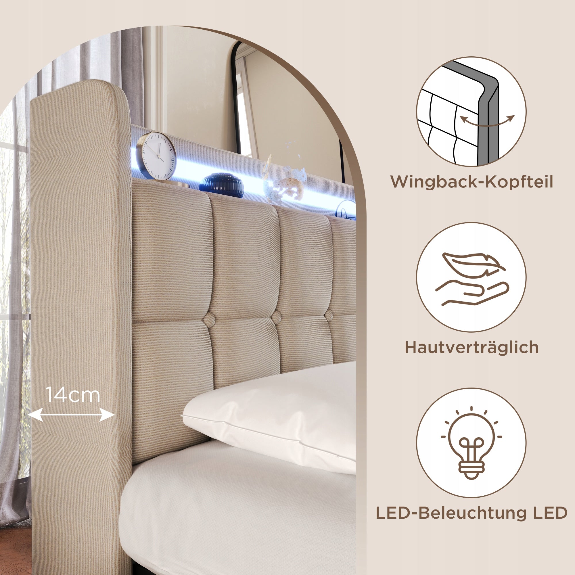 Letto singolo imbottito - Xylo - 90x200 cm - Beige chiaro - USB Type C, cassetti