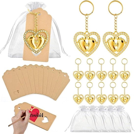 Set di 12 Chiavi con Ciondoli d'Oro + Sacchetto di Organza + Carta di Ringraziamento - Regali di Benvenuto per Matrimonio, Battesimo, Natale, Compleanno, Prima Comunione, Confermazione