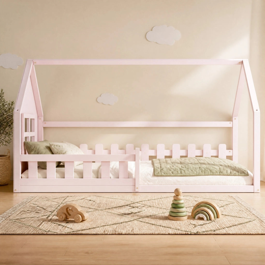 Letto per bambini a forma di casa 90x200 cm in pino e MDF; rosa