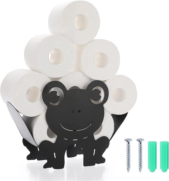Supporto per i rulli igienici in metallo nero, supporto per i rulli igienici in piedi, supporto per i rulli igienici senza foratura, decorazione per parete per bagno e cucina, disegno a forma di rane