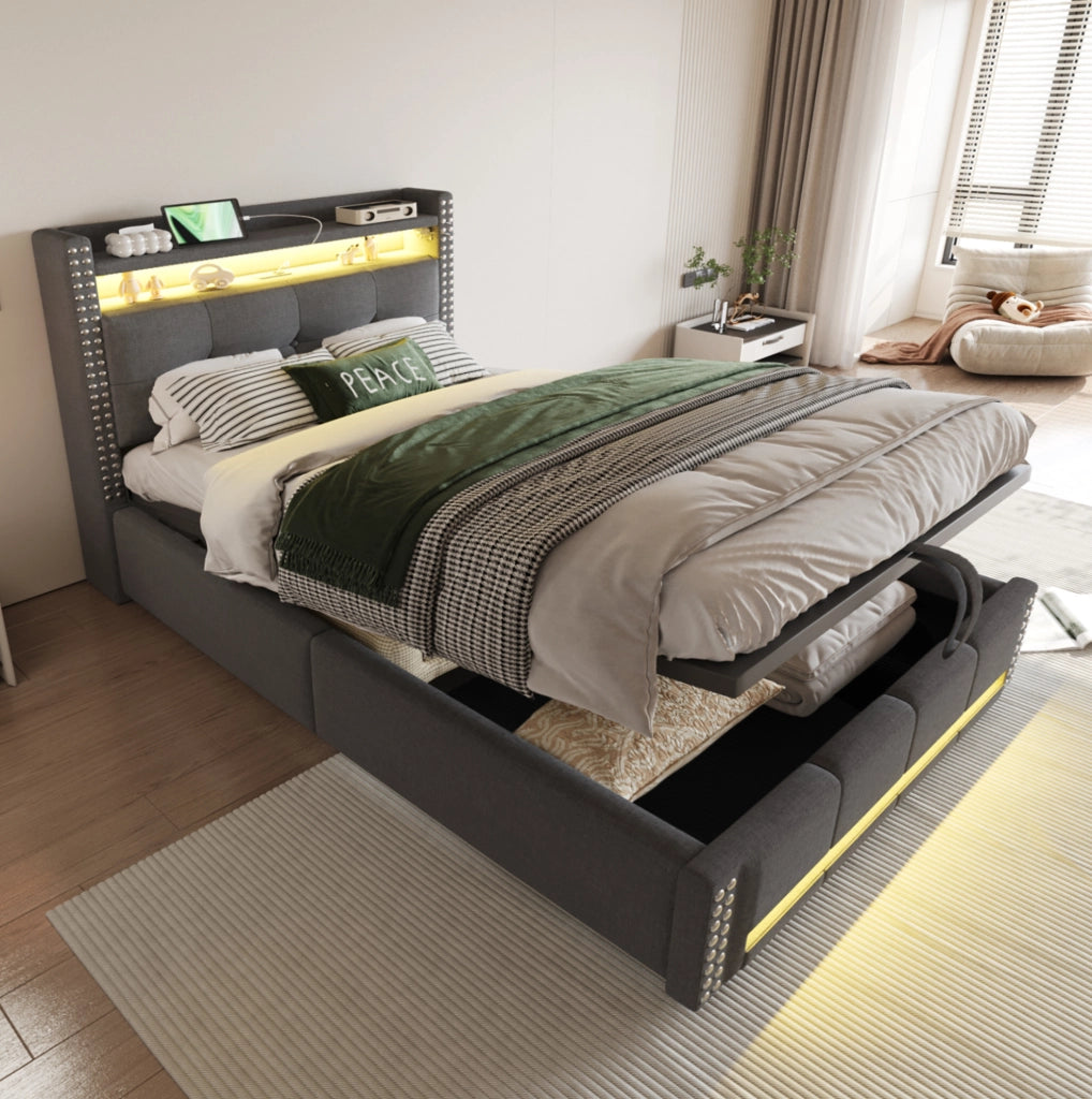 Letto imbottito per bambini 90x200 cm con LED, USB e contenitore idraulico grigio
