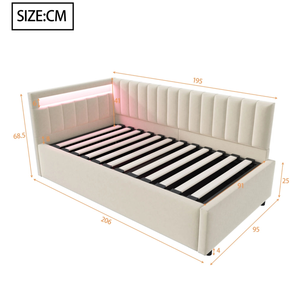 Letto imbottito 90x200 beige con LED, contenitore idraulico e rete a doghe