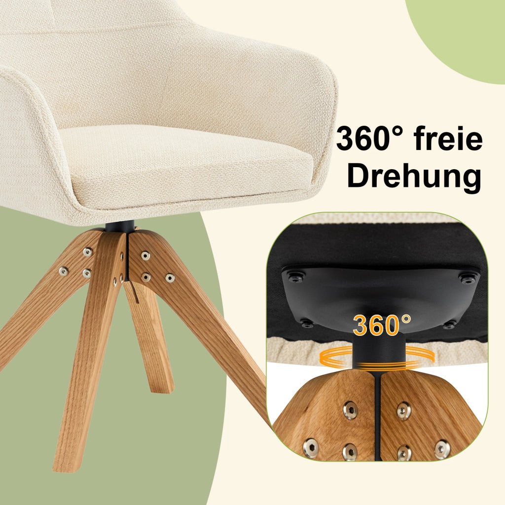 Sedia da Pranzo Set da 2 Girevole a 360° con Braccioli e Schienale Ergonomico in Tessuto Beige e Legno Massello