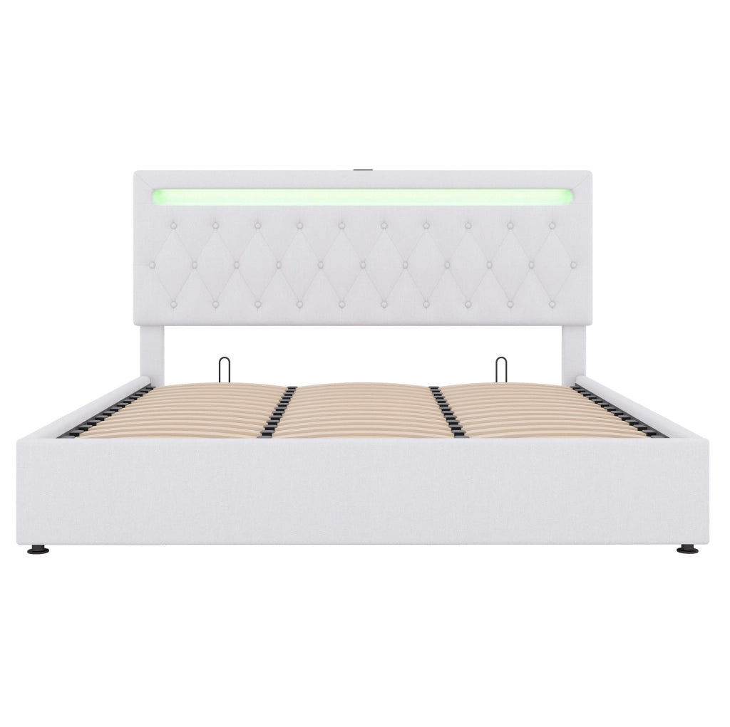 Letto imbottito 180x200 cm con contenitore; sollevamento idraulico; LED e USB; bianco