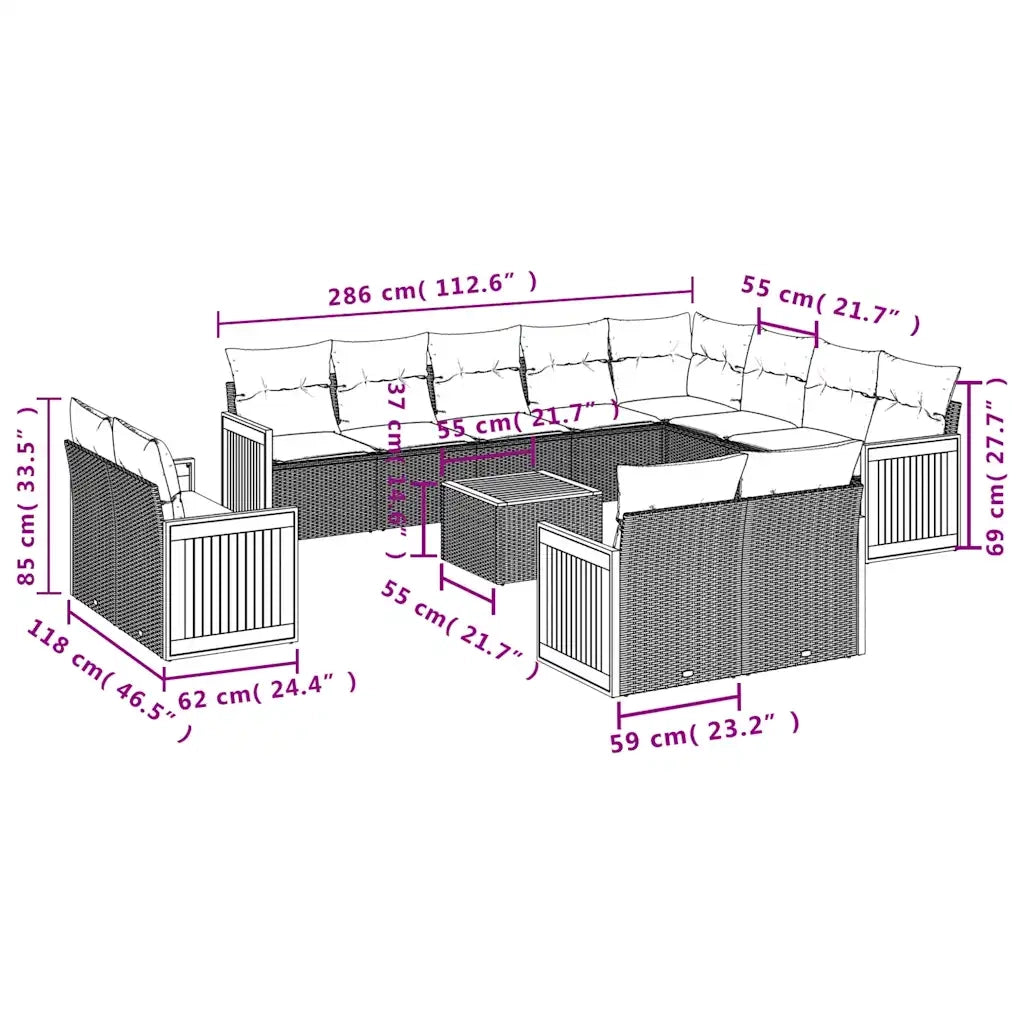 Set Divani da Giardino 13 pz con Cuscini Nero in Polyrattan 3228199