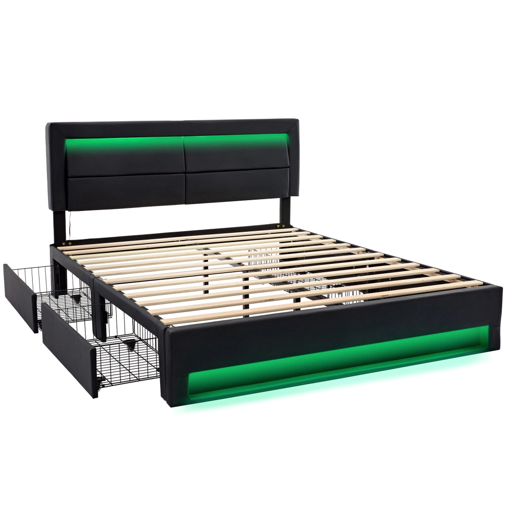 OKWISH Letto con Cassetti 140×200 cm, Letto Matrimoniale con USB, Ricarica Wireless, LED Regolabile e 4 Cassetti, senza Materasso, in PU, Nero
