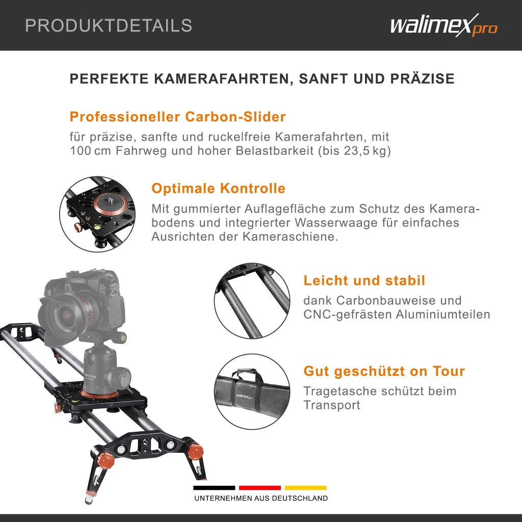 Walimex Pro Carbon Video Slider Pro (100 cm, movimenti fluidi della fotocamera, inclusa borsa per il trasporto e livella) nero