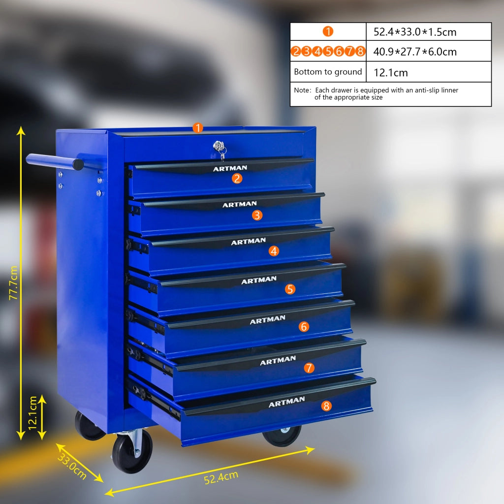 Cassettiera con ruote in acciaio con 7 cassetti e guide a sfere per garage e officina nero e blu 60 × 33 × 77,5 cm