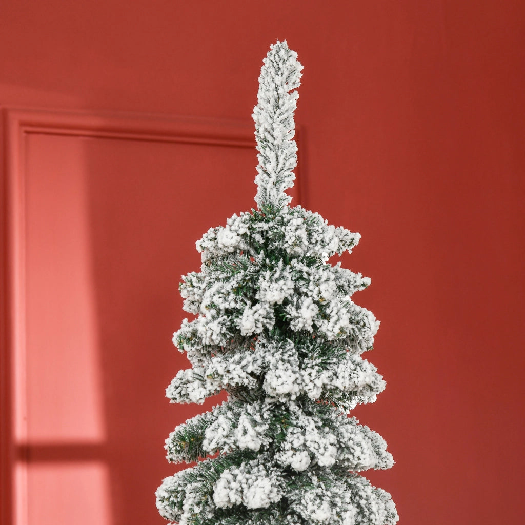 Albero di Natale artificiale, innevato, design sottile, ignifugo, 210 cm, verde/bianco