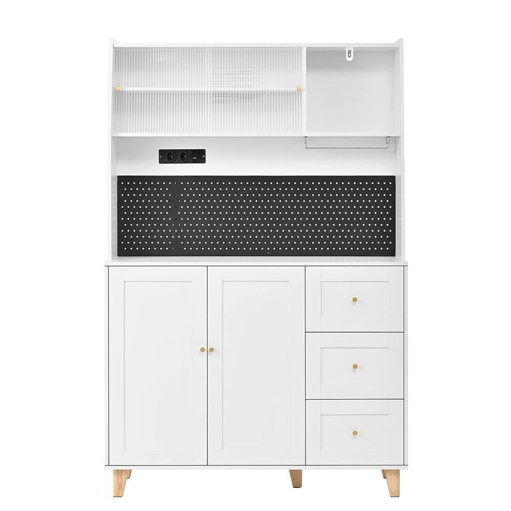 Armadio alto con prese elettriche e pannello perforato - Xylo - Porta-bicchieri da vino, cassetti, ideale per cucina e sala da pranzo (bianco)