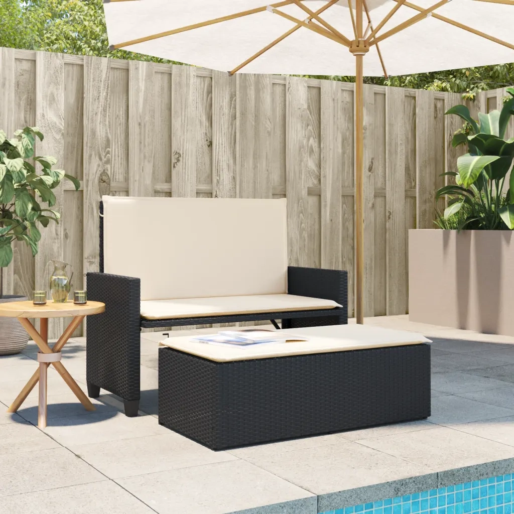 Panca da Giardino con Cuscini e Poggiapiedi-Sgabello-Panca da esterno Nera in Polyrattan