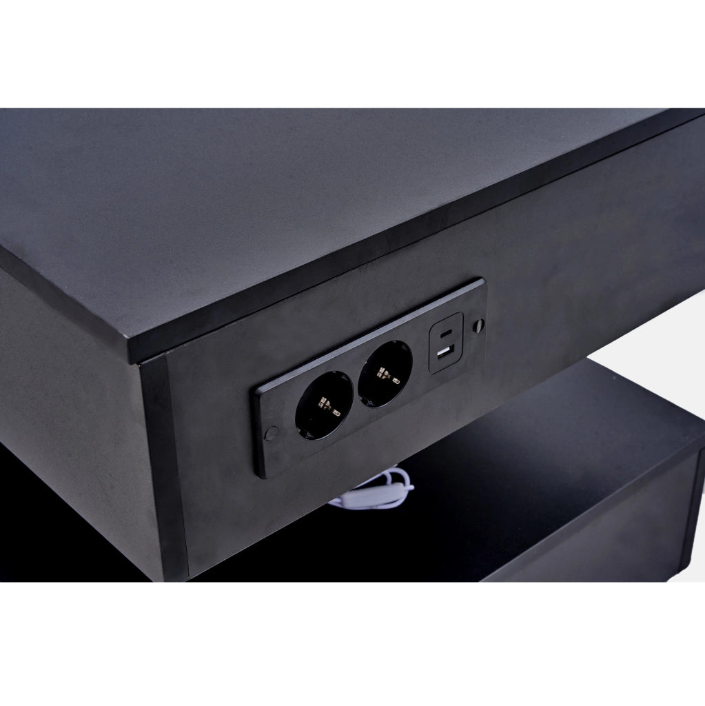 Tavolino da caffè 100x50x42 cm con piano sollevabile; LED integrata e vano nascosto in truciolare nero