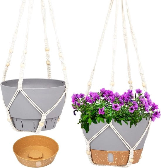 Set di contenitori per piante in macramè 8 pollici per uso interno ed esterno, sospeso con foro di drenaggio per giardino e casa (grigio chiaro)