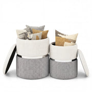 Set di 2 pouf in tessuto con spazio di archiviazione, Poggiapiedi rotondo con spazio nascosto Beige e Grigio