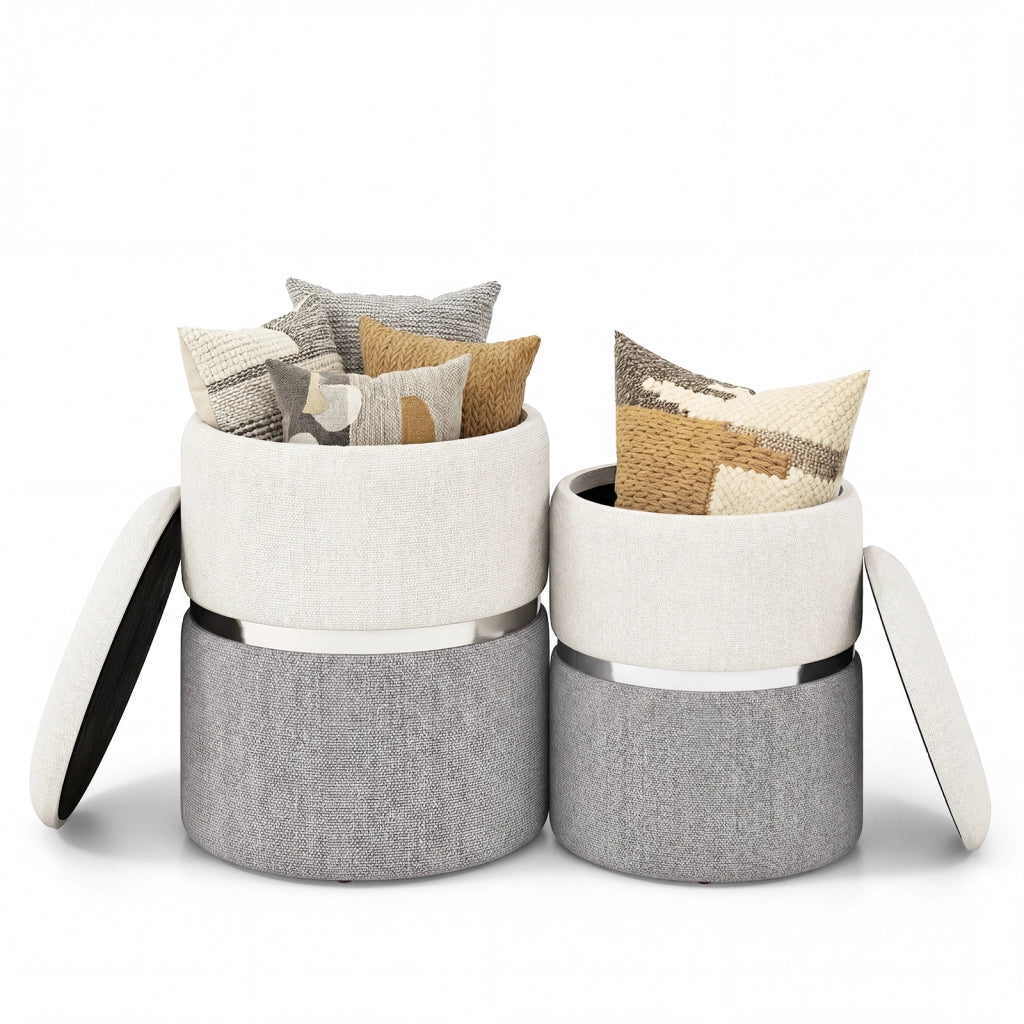 Set di 2 pouf in tessuto con spazio di archiviazione, Poggiapiedi rotondo con spazio nascosto Beige e Grigio