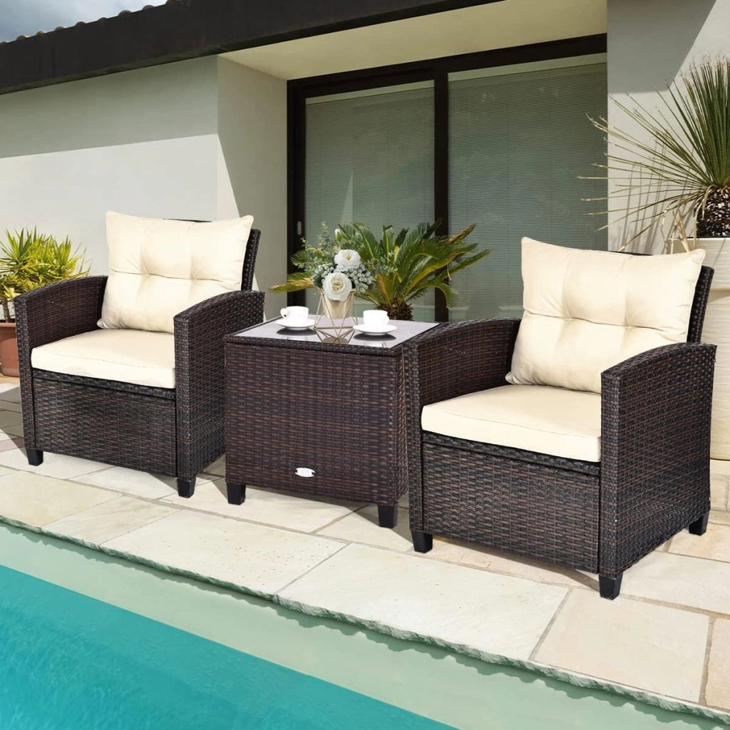 Set di Mobili da Giardino, in Rattan, 3 Pezzi Mobiletti, 1 Tavolino + 2 Poltrone, Salottino da Esterno, con Cuscini per Balcone, Giardino, Cortile, Terrazza, 3 Colori (Marrone)