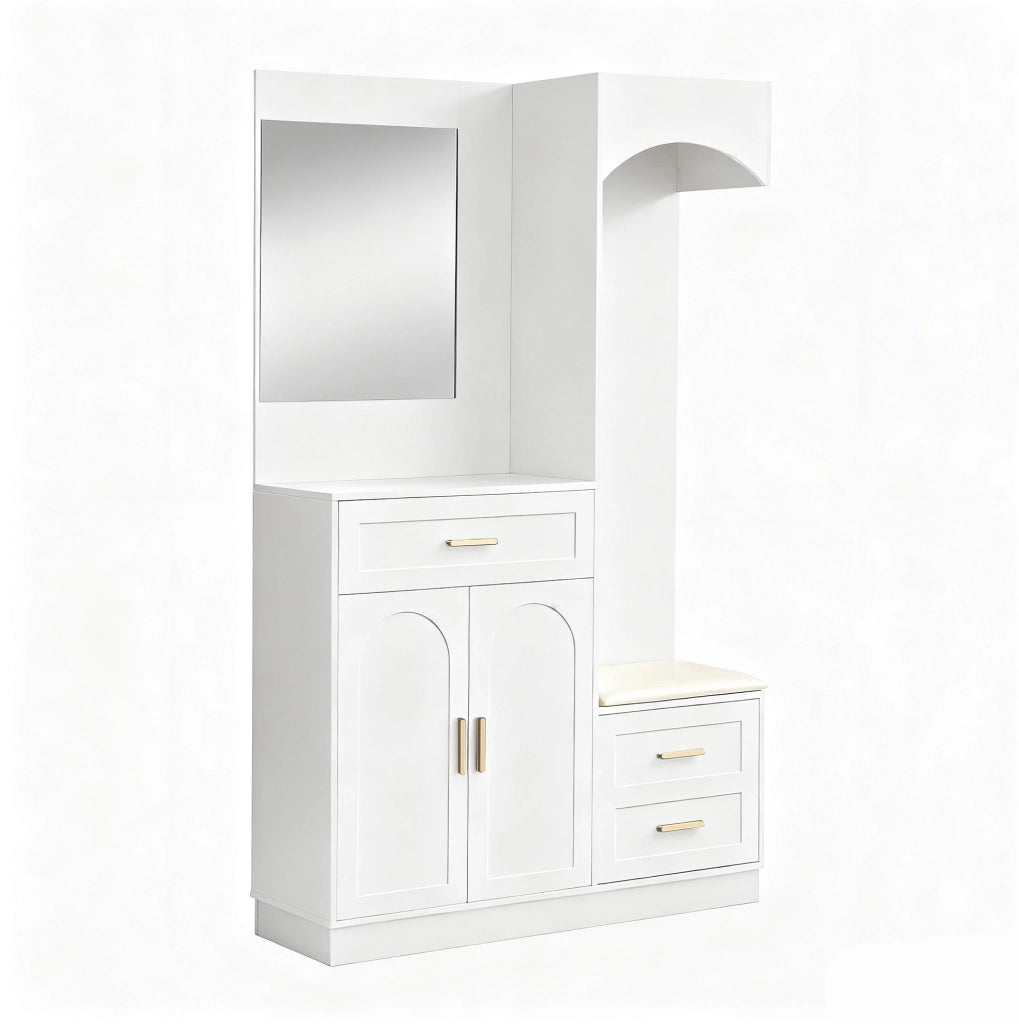 Mobile da ingresso compatto 110x33x185，5 cm bianco in MDF con specchio e panca