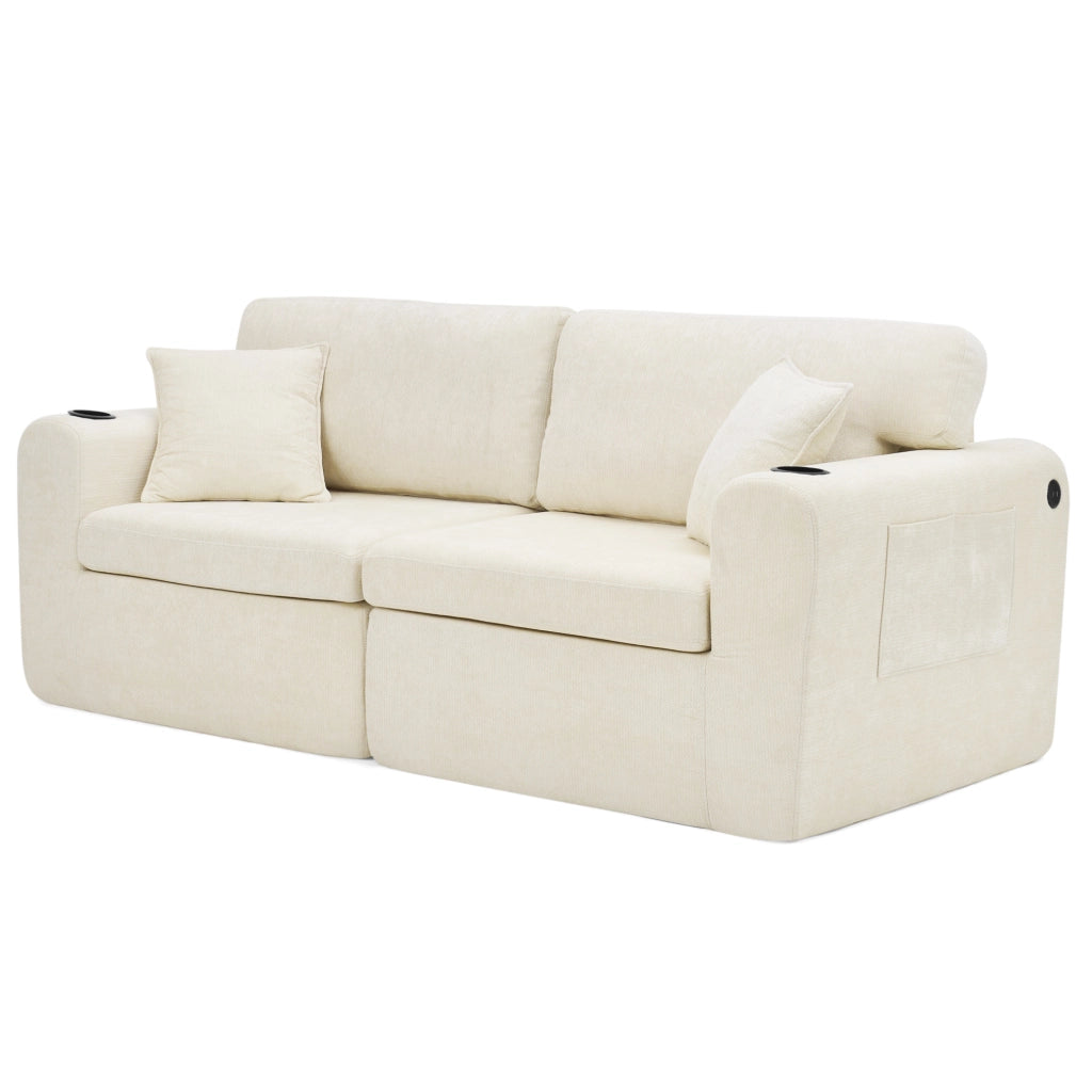 Divano 2 posti relax in chenille con USB; tasche laterali e portabicchieri; beige