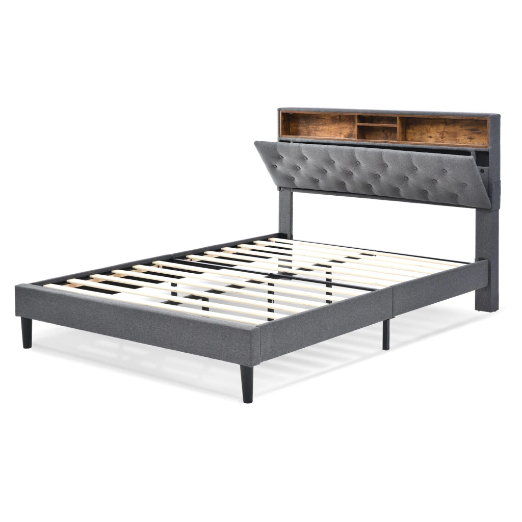 Letto imbottito matrimoniale 140×200 cm con testiera contenitore e LED regolabile; materasso incluso; grigio