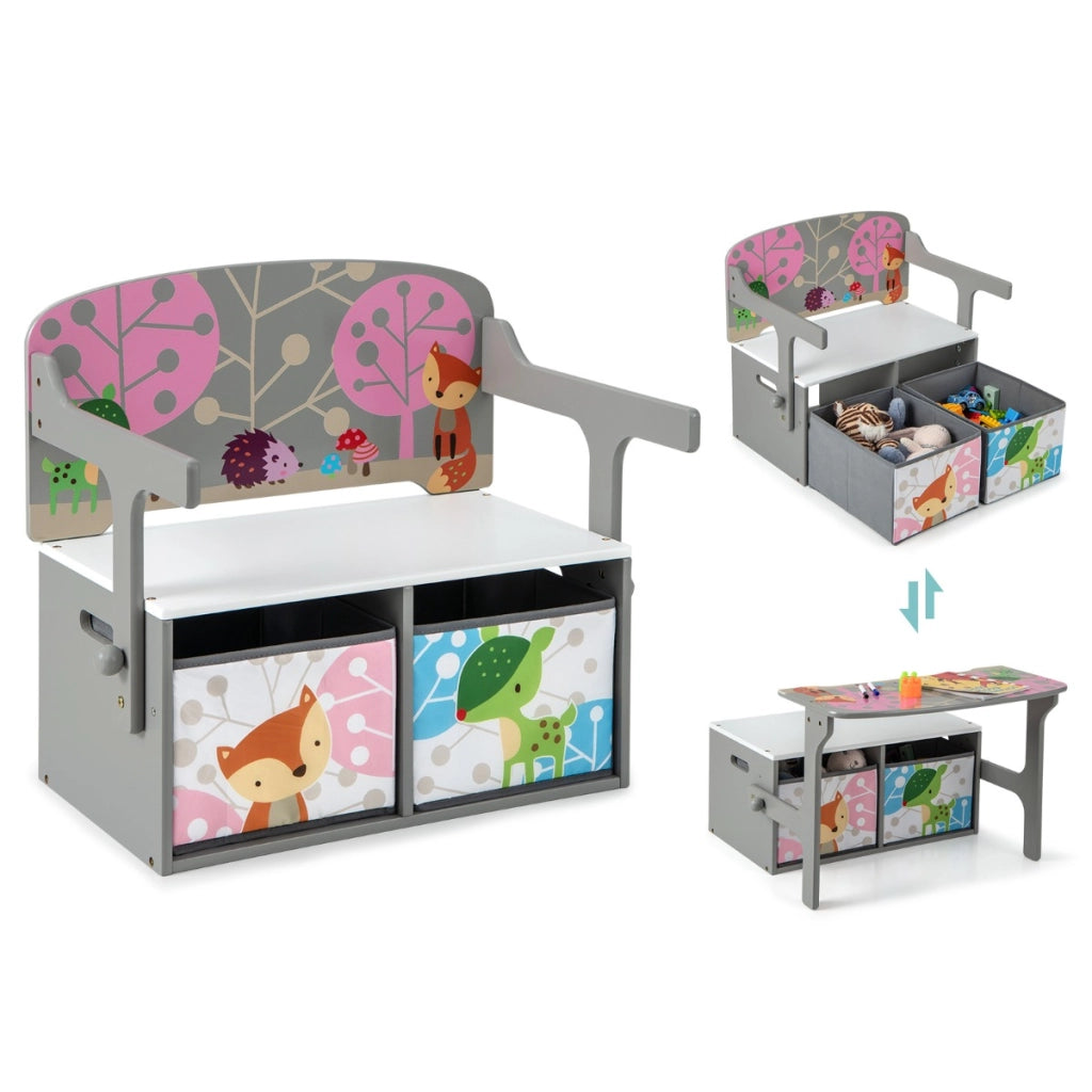 Panchina attivit¨¤ convertibile per bambini, Set tavolo e sedie per bambini con 2 cassetti in tessuto rimovibili Grigio