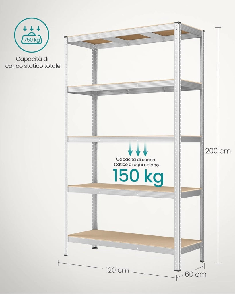 SONGMICS Scaffalatura a 5 Ripiani, Scaffale in Acciaio, Montaggio Senza Viti, Utensili, Strumenti in Garage, Magazzino, Ripostiglio, Portante 750 kg, 60 x 120 x 200 cm, Argento GLR060E01