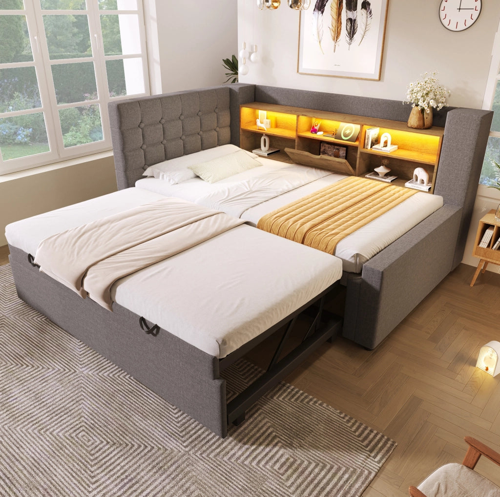 Letto imbottito estraibile 90x200 cm con LED; USB-A e USB-C; grigio