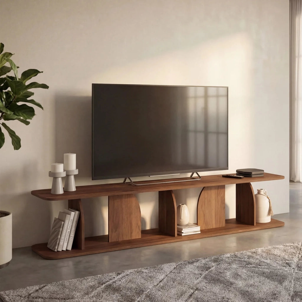 IDMarket - Mobile TV da 180 cm in stile Japandi EDITH, in legno effetto noce
