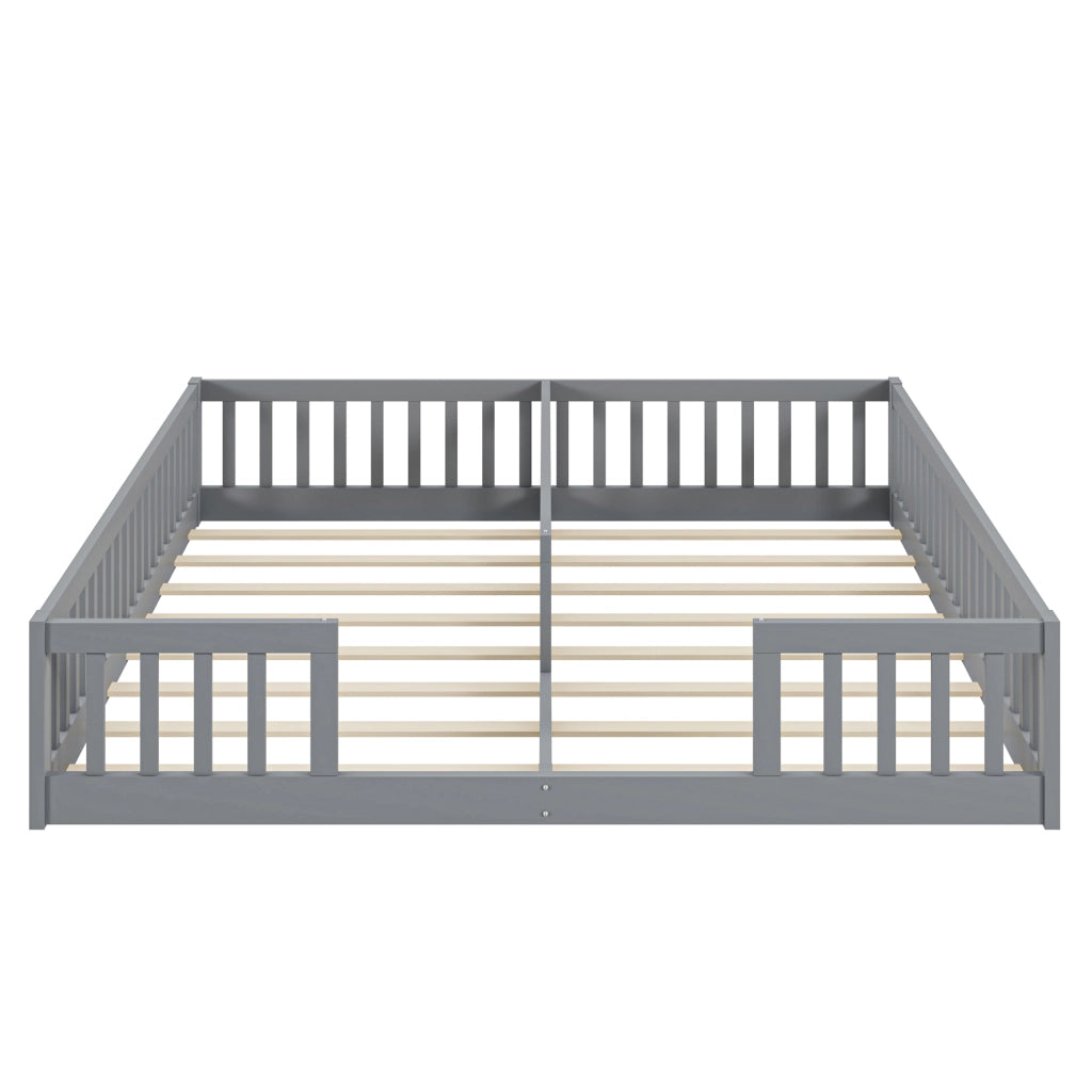 Letto per bambini 90×200 cm; letto basso con sponda; senza materasso; in pino e MDF; per 2 bambini; grigio