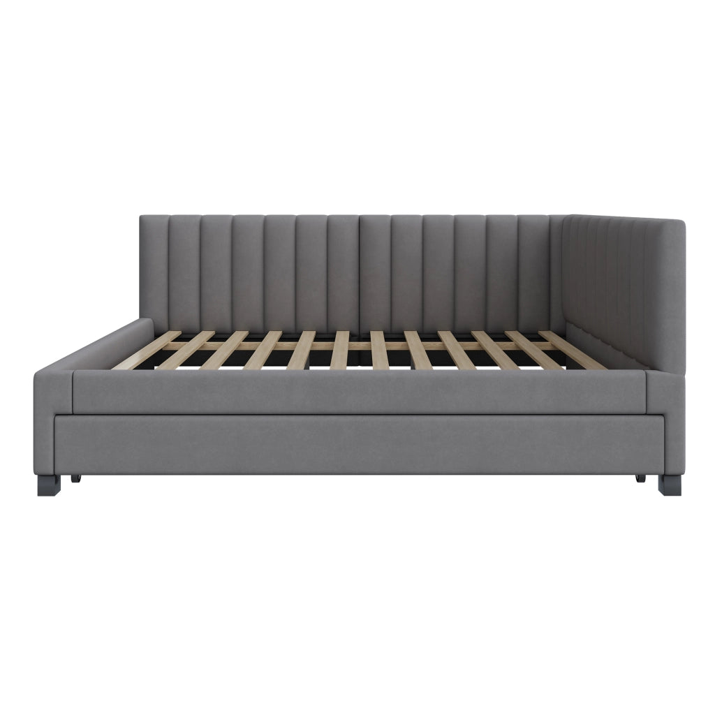 OKWISH Letto a Divano 140×200 cm, Letto Singolo con Letto Estraibile, Testiera Imbottita e Doghe, senza Materasso, Velluto Grigio
