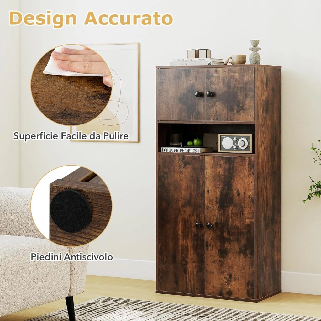 Libreria con 4 Ante, Armadio Alto a 4 Ripiani con Mensola Regolabile e 2 Kit Anti-Ribaltamento, Organizzatore per Casa Ufficio, 54 x 30 x 111 cm (Marrone)